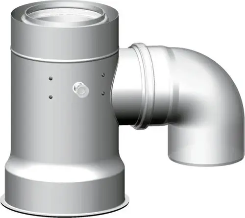 Adapter aus Metall mit zwei Anschlüssen und einem abgewinkelten Rohr für den raumluftunabhängigen Betrieb, geeignet für Systeme von Wolf.